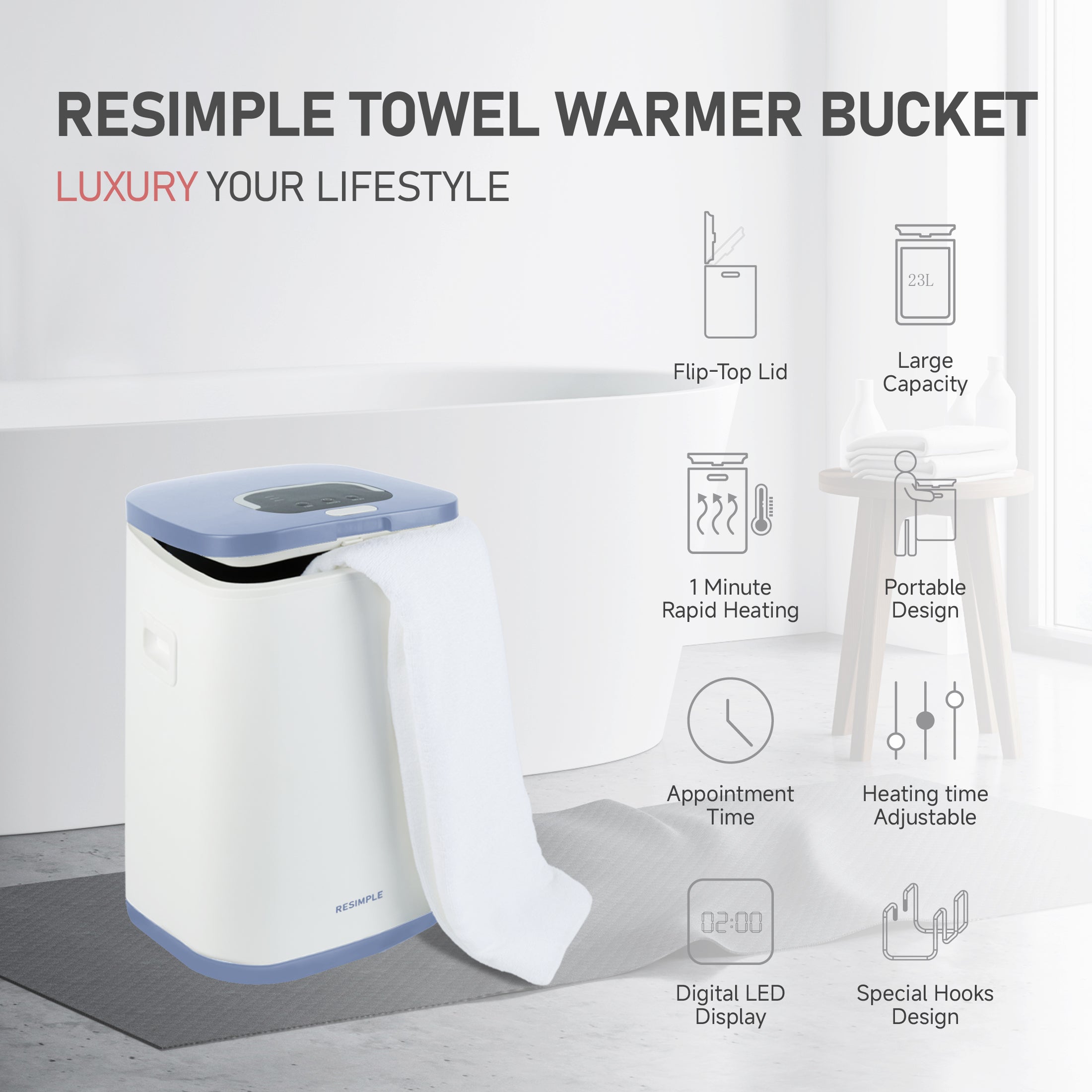 Towel Warmer 23L, Towel Warmer Bucket with 24h Delay Timer, 20/40/60 Min Auto Shut Off, Child Lock, LED Screen & U-shaped Light - Sky Blue Towel Warmer 23L, Towel Warmer Bucket with 24h Delay Timer, 20/40/60 Min Auto Shut Off, Child Lock, LED Screen & U-shaped Light - Sky Blue